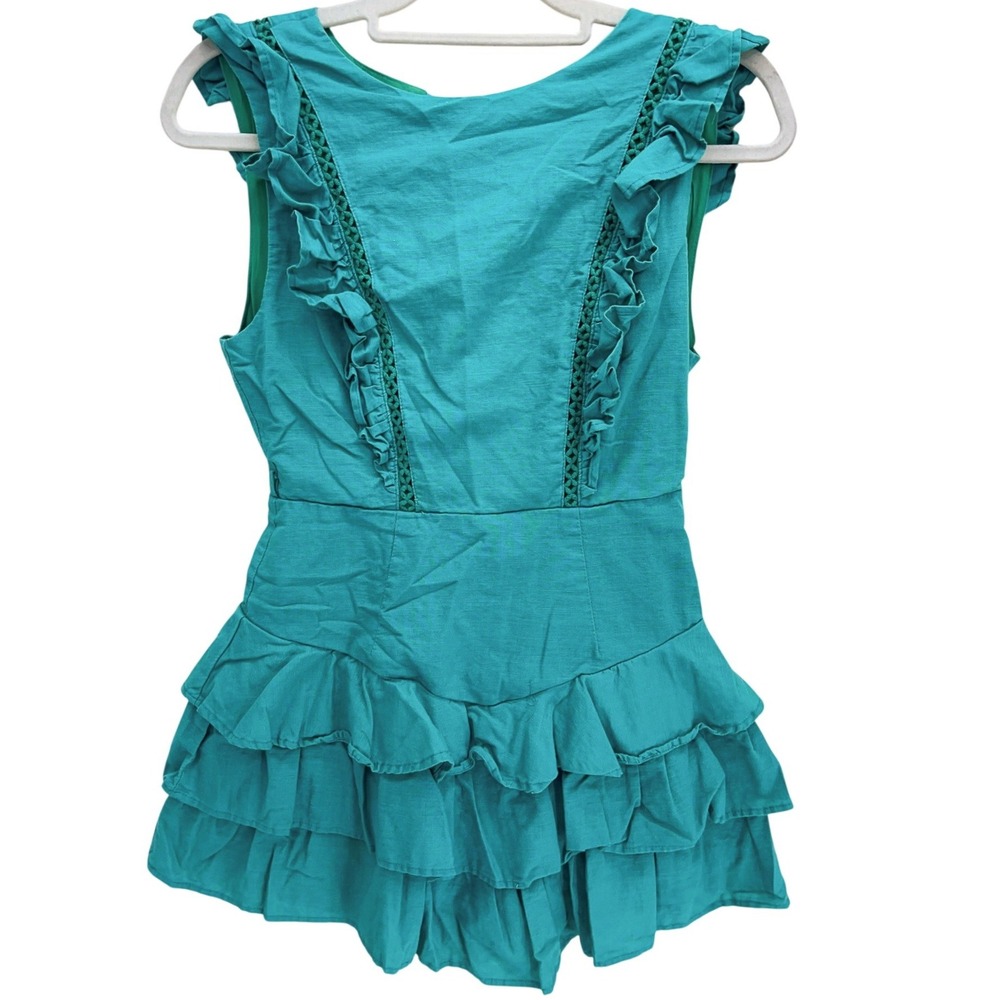 Olivaceous Teal Green Ruffle Linen Blend Mini Dress M Open Back Boho Crochet